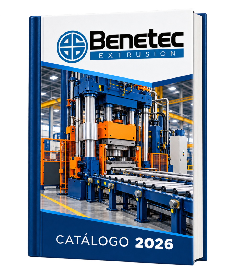 Mockup do catálogo Benetec Extrusion 2026 em formato de livro, com capa azul e branca e equipamento de extrusão.