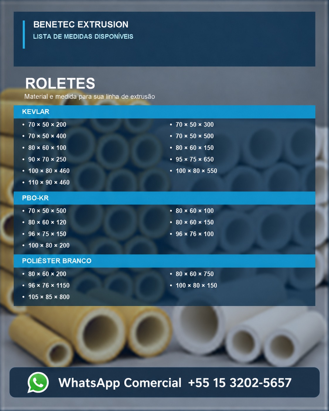 Roletes industriais Benetec com medidas disponíveis