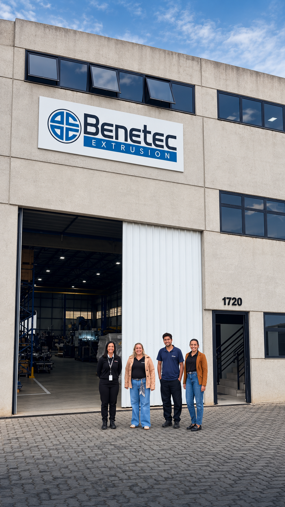 Equipe Benetec em frente à unidade industrial